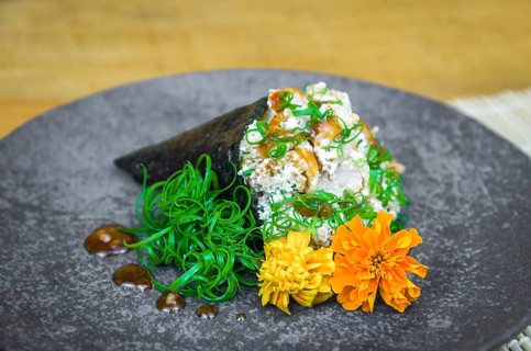 Temaki sushi. Traditional Japanese cuisine, premium Temaki of shrimp