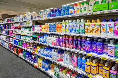 Shelf with detergents in a wholesale store, Kempten, Allgäu, Bavaria, Germany, Europe