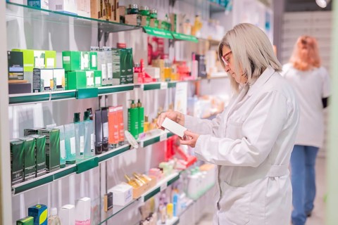 A professional pharmacist examines a product, surrounded by a variety of medicines and health