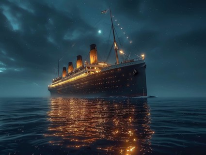 Voyage of the Titanic in the Atlantic on a starry night and calm sea, AI generated