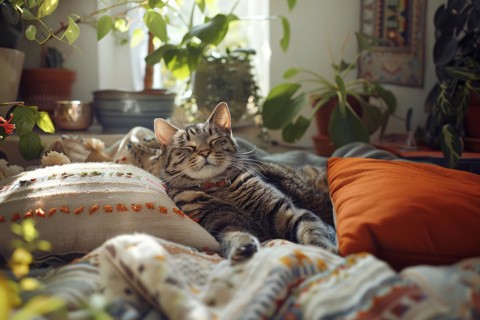 A content cat lying on a cozy, pillowed surface amongst numerous houseplants, AI generated