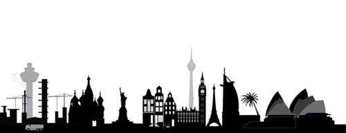 World skyline with architecture from around the globe as the big ben in london, the opera house