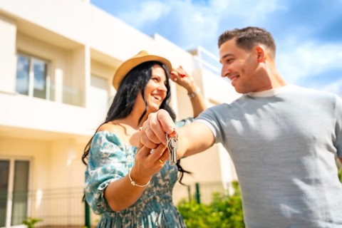 Happy couple showing their new keys for apartment standing next to the new house