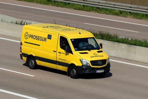 Prosegur money transporter drives on the A8 motorway, Germany, Europe