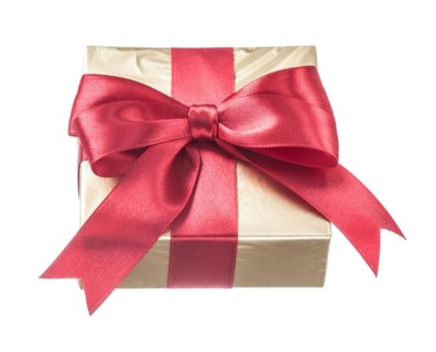 Gift wrapped in glitter paper with a red bow against a white background