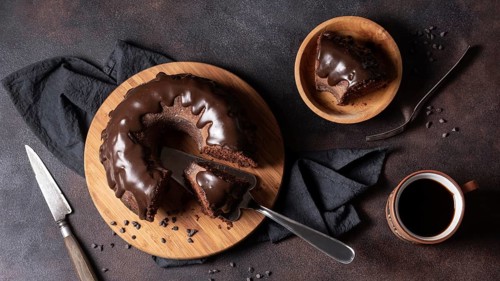 Top view chocolate cake concept. Beautiful photo