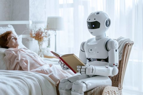 A friendly white care robot in an old people's home reads a book to an old woman, care for the