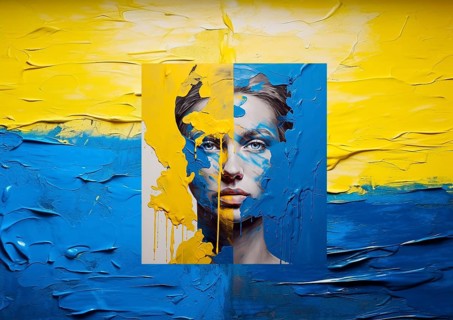 Symbol image, portrait of a young woman looking through Ukrainian national colours, AI generated