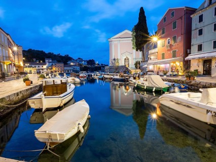Blue hour in the harbour, Veli Losinj, Kvarner Gulf Bay, Losinj Island, Croatia, Europe