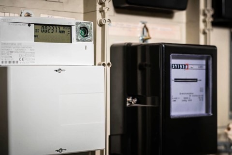 Meter cabinet with bidirectional meter and Ferraris meter in Düsseldorf, Germany, Europe