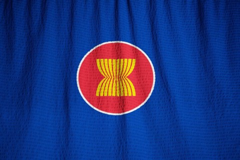 Closeup of Ruffled Association of Southeast Asian Nations Flag, ASEAN Flag Blowing in Wind