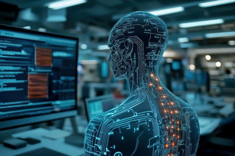 An android analyzing data on screens, showing glowing circuits in a high-tech environment, AI