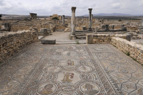 Archaeological excavation of the ancient Roman city of Volubilis, UNESCO World Heritage Site, view