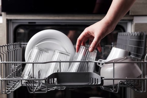 Close-up of female hand loading dished to, empty out or unloading from open automatic stainless