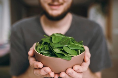 Hands of man holding fresh green salad leaves of spinach on blurred background. Healthy vegetarian