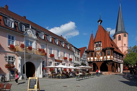 Historic town hall, market square, street café, half-timbered houses, Michelstadt, Odenwaldkreis,