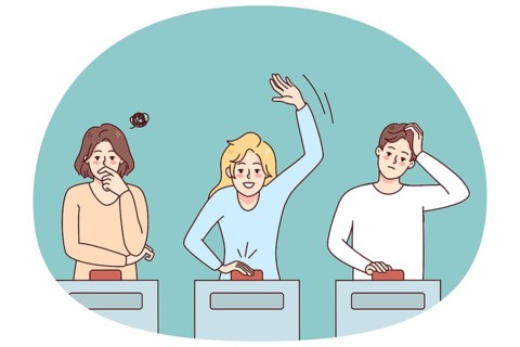 Diverse people participate in quiz show answering questions. Men and women take part in gambling