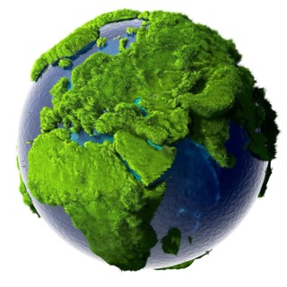 Earth with a pure transparent ocean is completely covered with lush green grass, a symbol of a