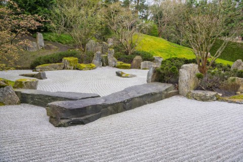 Zen garden, traditionally raked pebbles, Japanese garden, Gardens of the World, Berlin, Germany,