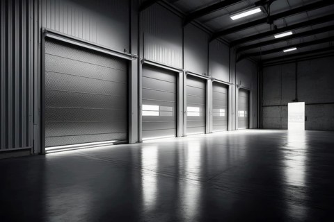 Factory, warehouse, or hangar use roller doors or roller shutters. Polished concrete flooring and