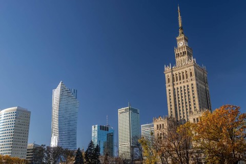 Warsaw skyline with the Skylight of Zlote Tarasy, Zlota 44, Rondo 1, the InterContinental Warsaw