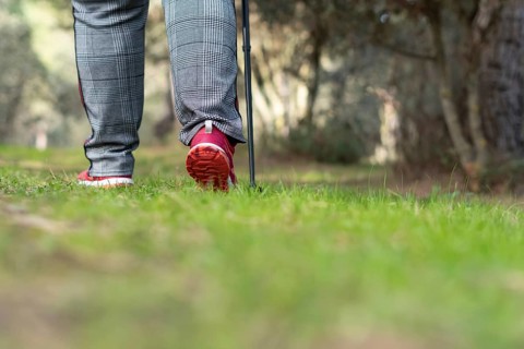 Rear view of a woman walking in the field with trekking pole