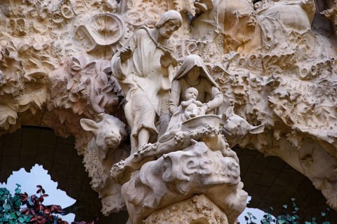 The sculptures on the Nativity facade of Sagrada Familia in Barcelona, Spain, Europe
