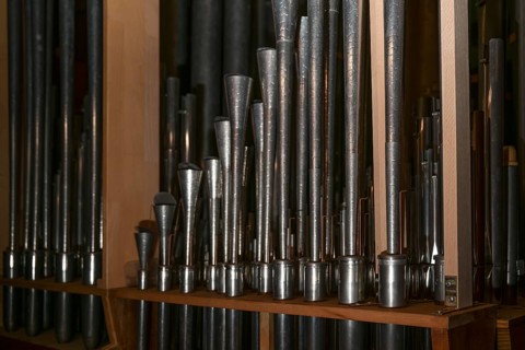 Inside a church organ, register with reed pipes from metal with tuning wire and resonator, musical