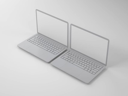 Two grey laptops side by side on a white background, presented in a minimalistic modern style