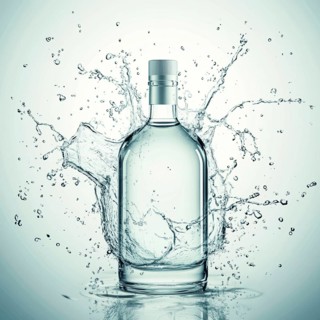 Simple glass bottle with clear water splashing in a calm, minimalist setting, AI generated