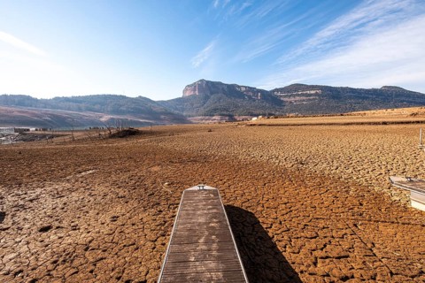 Dock on dry land at the Panta de Sau reservoir with water four percent of its capacity in the worst