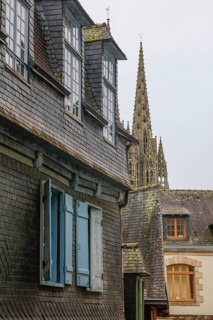 Towers of Saint-Corentin Cathedral, slate-roofed house in Rue du Lycee, Quimper, Finistere