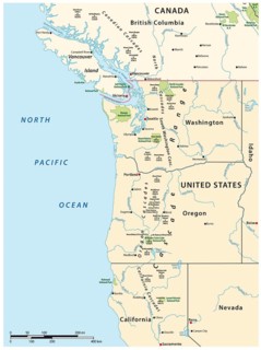 Map of the Cascade Range, volcanic mountain range that runs parallel to the west coast of North