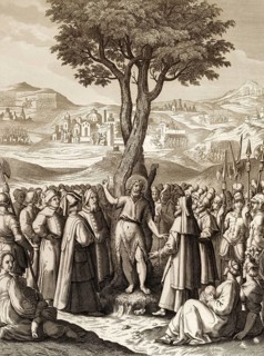 John the Baptist tells people about Jesus at the Jordan, Steel engraving 1853, digitally restored