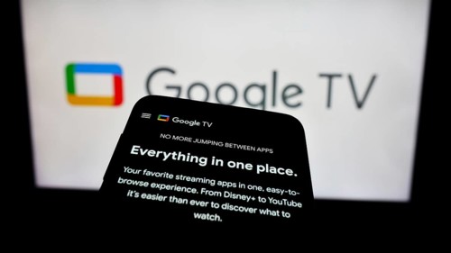 Stuttgart, Germany, 09-23-2023: Mobile phone with website of video on demand service Google TV on