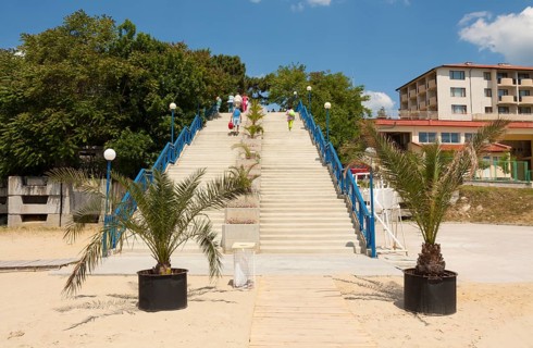Road on the beach and hotel Delfin, St.St. Constantine and Helena, Varna, Bulgaria, Europe