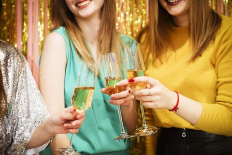 Crop female friends clinking glasses of wine while having fun during luxury party together