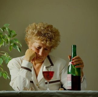 Older woman with wine glass and bottle