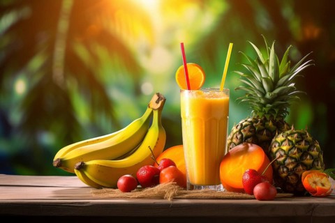 Fresh fruit shake in a glass, exotic fruit, smoothie, milkshake, pineapple, banana, orange, cherry,