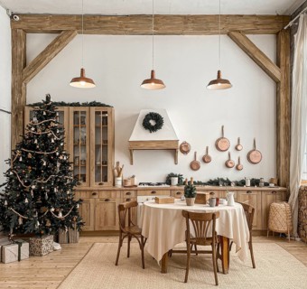 Modern, light, festive, cozy kitchen interior with Christmas and New Year decorations, kitchen