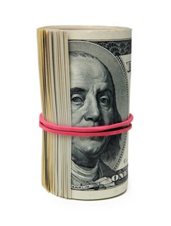 Roll of 100 dollar bills, tie covers her mouth to Franklin, the concept of silence for the money