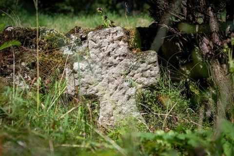 Very old single gravestone made of coloured sandstone overgrown with grass and weeds