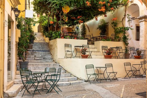 Cafe in an alleyway in the old town of Kerkyra, Corfu