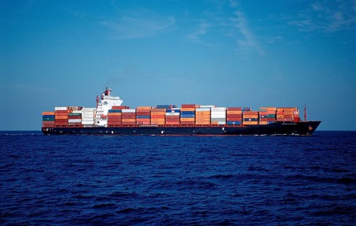 Loaded container ship, USA, California, Pacific Ocean, North America