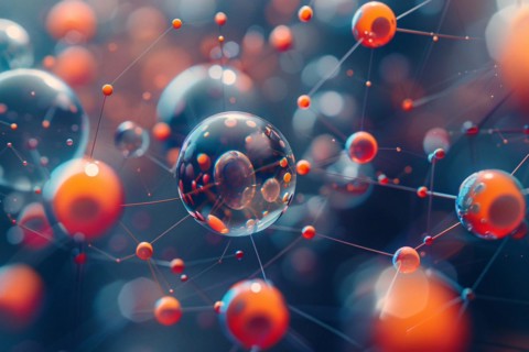 3D abstract image depicting a network of atoms in a molecular structure, education, university, AI