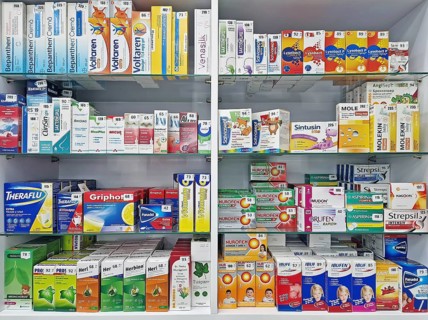 UNGHENI, MOLDOVA, DECEMBER 20, 2023 View of pharmacy stocked shelves with medicine against flu.