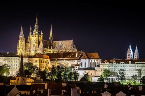 Scenic view of Cathedral of Prague and Mala Strana at night