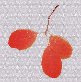 An artistic pixelated mosaic featuring three red leaves attached to a thin branch against a light