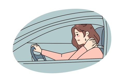 Unhealthy woman driving suffering from neck spasm from sedentary position. Unwell tired female