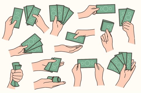 Set of people hands hold money banknotes. Collection of person with bills or cash. Bank credit and
